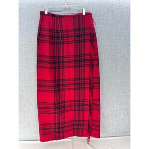 VTG Eddie Bauer Women's sz 8 Wool Blend Red & Black Plaid Midi Skirt 90s Fringe